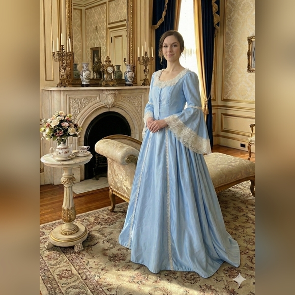 Unbranded Size S Blue Bridgerton Vibes Renaissance Bell Sleeves Gown Lace Trim - Picture 3 of 11